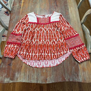 Farmers Market Bohemian Peasant Top - Ikat Pattern with Red Crochet Lace - Large